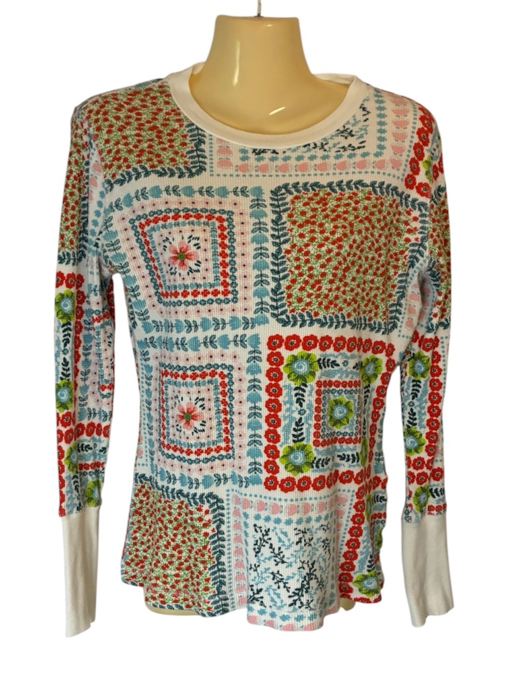 Sundance Artistic Soul Patchwork Floral Thermal Top Boho Tee Multi-Color Medium